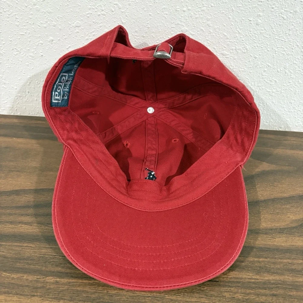 Vtg Polo Ralph Lauren Red Cotton Chino Baseball Cap Black Pony Logo Hat Spellout